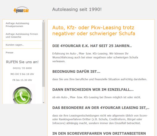 Auto Kfz oder Pkw Leasing trotz negativer oder schwieriger Schufa 4yourcar e.K. Erfahrung Auto Kfz oder Pkw Leasing trotz negativer oder schwieriger Schufa 4yourcar e.K. Öffnungszeit