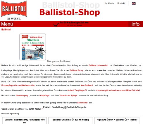 Ballistol Shop   Universal Öl und Spray Versand  öffnungszeit