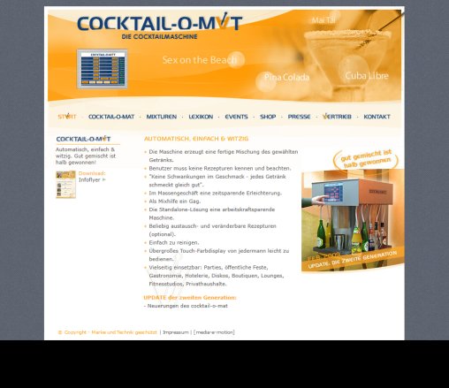 Die Cocktailmaschine cocktail o mat mixt alle Cocktails für Parties  Feste  Gastronomie  Hotelerie  Discos  Boutiquen  Lounges  Fitnesstudios  Privathaushalte  öffnungszeit