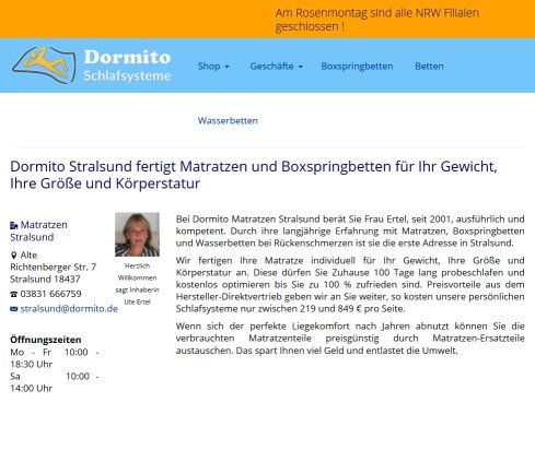 Dormito Wasserbetten GmbH   Dormito Matratzen Stralsund öffnungszeit