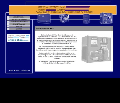 diehl druckluft wolfen.de   Druckluft  Pressluft  Drucklufttechnik  Druckluftbehälter  Druckluftanlagen  Druckluftfilter  Kompressor  Schraubenkompressor  Kolbenkompressor  Kältetrockner  Adsorptionstrockner  CompAir  Mannesmann   Demag  Pokorny   Boge  Kaeser Ecoair  Alup Mahle Drucklufttechnik Wolfen GmbH öffnungszeit