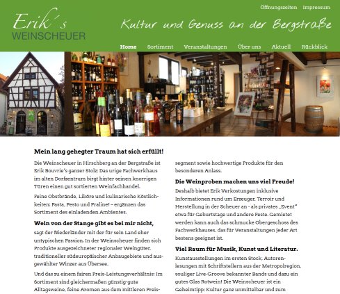 Weine   Sekt  Köstlichkeiten   Weinverkostungen   Veranstaltungen   Erik's Weinscheuer   Kultur  und Weingenuss Weinheim   Heidelberg  öffnungszeit