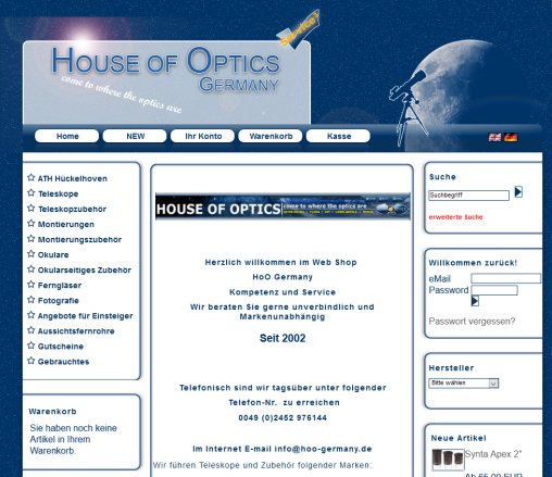 Web Shop House of Optics Germany  &ouml;ffnungszeit