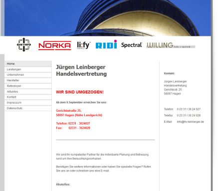 Jürgen Leinberger   Handelsvertretung   Flaßkamp 2   58579 Schalksmühle   Tel.: 02355 1888   Fax: 02355 401773  öffnungszeit