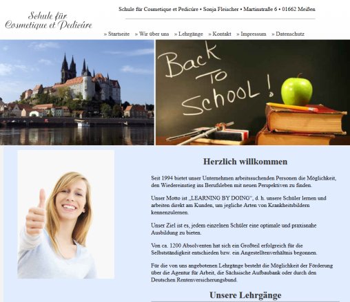 Kosmetikschule in Meissen wir bieten folgenden Kurse an: Fach Fußpflege Fußnagelkorrektur diabetischer Fuß Spangentechnik Orthose (Orthese) Kosmetik Nail–Design Sportmassage Ayurvedische Ganzkörpermassage und Hot Stone Massage Erfahrung Kosmetikschule in Meissen wir bieten folgenden Kurse an: Fach Fußpflege Fußnagelkorrektur diabetischer Fuß Spangentechnik Orthose (Orthese) Kosmetik Nail–Design Sportmassage Ayurvedische Ganzkörpermassage und Hot Stone Massage Öffnungszeit