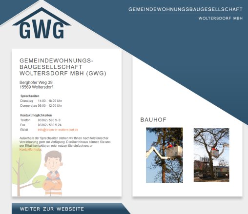 Willkommen bei der GWG Woltersdorf mbH   GEMEINDE WOHNUNGSBAUGESELLSCHAFT WOLTERSDORF mbH  öffnungszeit