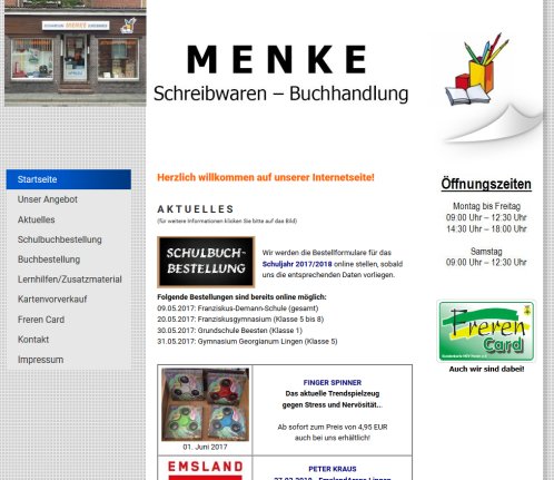 MENKE Schreibwaren Buchhandlung Königstr. 7 49832 Freren Startseite Erfahrung MENKE Schreibwaren Buchhandlung Königstr. 7 49832 Freren Startseite Öffnungszeit