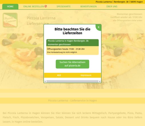Piccola Lanterna in Hagen internationale Küche Pizzeria Lieferservice Heimservice Pizzaservice Pizza Taxi Erfahrung Piccola Lanterna in Hagen internationale Küche Pizzeria Lieferservice Heimservice Pizzaservice Pizza Taxi Öffnungszeit