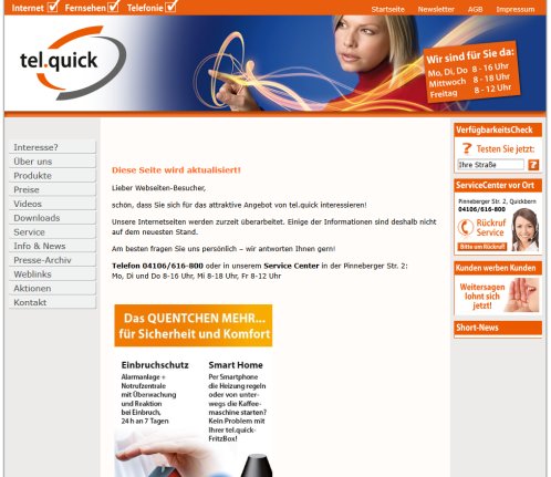 Startseite :: tel.quick :: Internet Fernsehen Telefonie für Quickborn im eigenen hochmodernen Glasfasernetz tel.quick GmbH & Co. KG Erfahrung Startseite :: tel.quick :: Internet Fernsehen Telefonie für Quickborn im eigenen hochmodernen Glasfasernetz tel.quick GmbH & Co. KG öffnungszeit