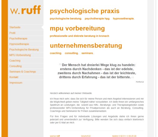 w ruff.de   |   Psychotherapie  Psychologische Beratung  Hypnosetherapie  Coaching  Consulting  Seminare  MPU Vorbereitung...  öffnungszeit